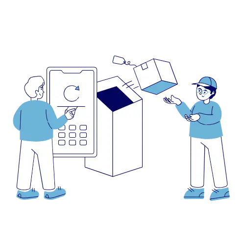 Two figures interacting with a smartphone and a box